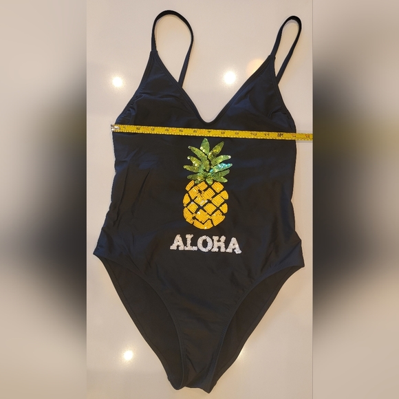 One Piece High Cut Swimsuit Sequined Pineapple ALOHA Juniors Large - Picture 6 of 13
